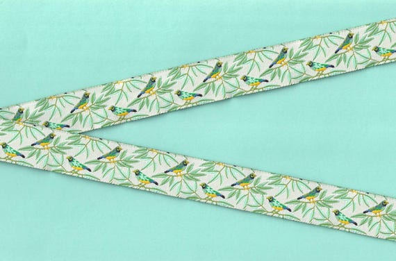 ANIMALS/Birds E-27-A Jacquard Ribbon Poly Trim 7/8" wide (22mm) Ivory Background w/Teal Blue & Yellow Birds on Branches with Leaves