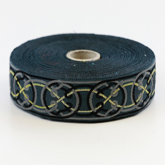 KAFKA G-11/08 Jacquard Ribbon Organic Cotton Trim 1-1/4" wide (32mm) Dk Gray/Black/Lt Gray Celtic Circles, Metallic Gold Accents