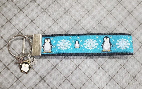 Jacquard Ribbon/Nylon Web Key Fobs - Winter Penguins & Snowflakes w/Charms -  Keychain Key Fob Wristlet, Luggage Tags 5.5" long
