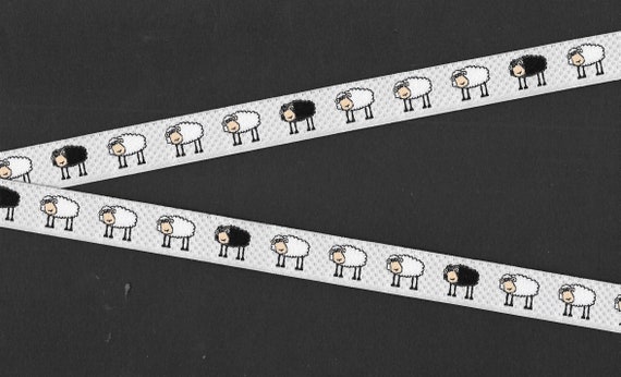 ANIMALS/Farm C-10-B Jacquard Ribbon Poly Trim 5/8" wide (16mm) Made in France, Gray Check Background w/Black & White Sheep