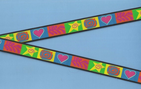 HEARTS/FLOWERS D-02-A Jacquard Ribbon Poly Trim 3/4" wide (20mm) Abstract in Colorful Colors