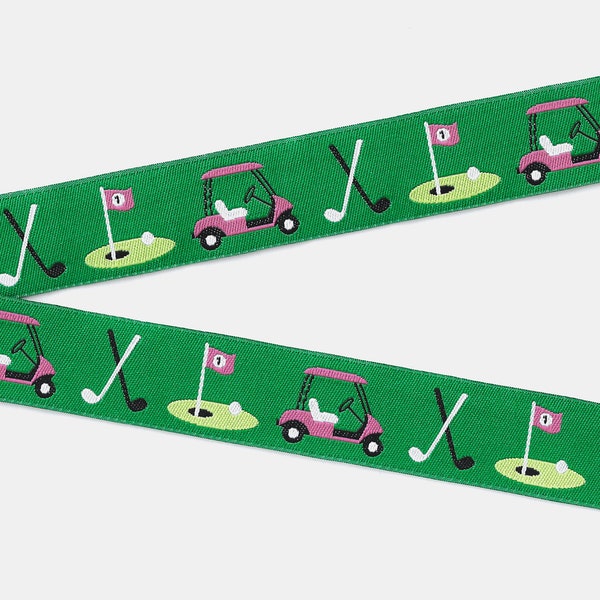 SPORTS/Golf E-01-D Jacquard Ribbon Poly Trim 7/8" wide (22mm) Jessica Jones, Green w/Hot Pink Golf Carts, Clubs & Golf Course Tee
