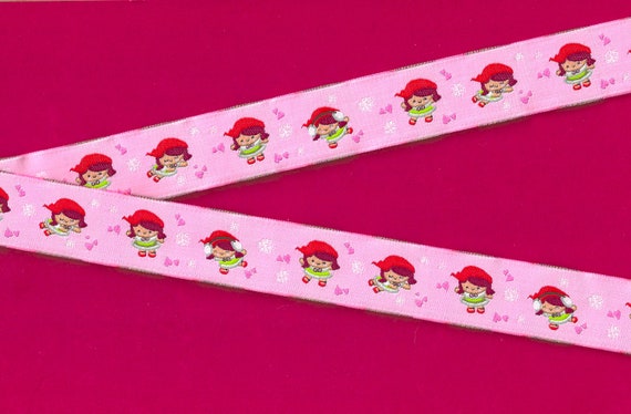 HOLIDAY F-10-A Jacquard Ribbon Poly Trim 1" Wide (25mm) Wunderpop! Made in Germany Pink w/Little Dwarves w/Red Hats and Ear Muffs, Per Yard