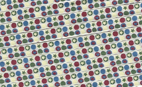 GEOMETRIC A-19-C Jacquard Ribbon Poly Trim 3/8" wide (9mm) Ivory w/Navy, Olive Green, Ivory and Burgundy Dots & Stars