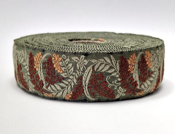 KAFKA F-21/04 Jacquard Ribbon Organic Cotton Trim 1" wide (25mm) Avocado Green w/Brown & Sage Green Wildflowers