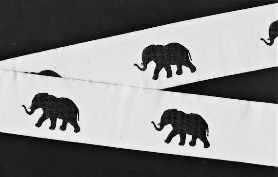 ANIMALS/Elephants J-01-A Jacquard Ribbon Polyester Trim, 1-7/8" Wide, White Background with Black Silhouette Elephants, 1yd length