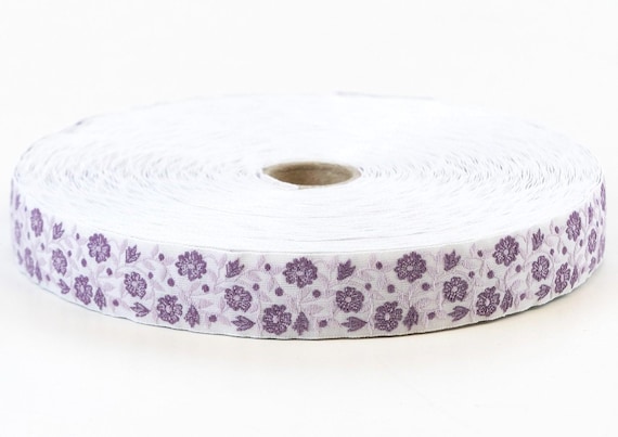 KAFKA D-03/08 Jacquard Ribbon Woven Organic Cotton Trim 3/4" wide (20mm) White w/Purple Flowers & Lilac Leaves