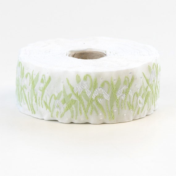 KAFKA G-01/01 Jacquard Ribbon Woven Organic Cotton Trim 1-1/4" wide (32mm) White w/White Snowdrops w/Spring Green Leaves