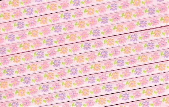 FLORAL A-04-C Jacquard Ribbon Polyester Trim 5/16" wide, Pink Background w/Purple, Yellow & Pink Flowers, Green Leaves