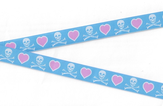 NOVELTY/Skulls D-01-A Jacquard Ribbon Poly Trim 3/4" wide (20mm) "Hearts & Skulls" in Blue Pink White