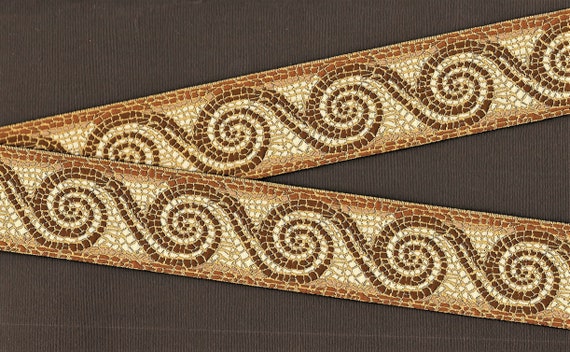 GEOMETRIC H-13-D Jacquard Ribbon Polyester Trim 1-1/2" wide (38mm) RARE "Mosaic Waves" Scroll Design in Brown, Ivory, Beige & Tan