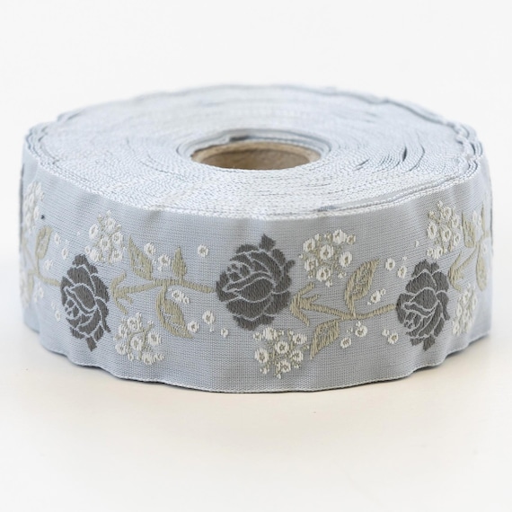 KAFKA G-08/13 Jacquard Ribbon Organic Cotton Trim 1-1/4" wide (32mm) Lt Gray w/Gray Roses & Gypsophila