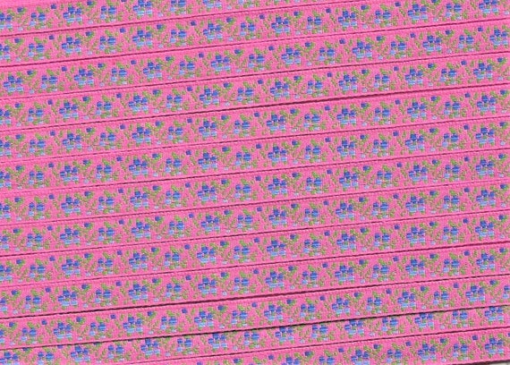 FLORAL A-05-C Jacquard Ribbon Poly Trim 5/16" wide, Made in France, Bright Pink Background w/Variegated Blue Flowers, Green Leaves