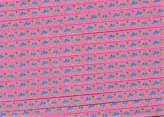 FLORAL A-05-C Jacquard Ribbon Poly Trim 5/16" wide, Made in France, Bright Pink Background w/Variegated Blue Flowers, Green Leaves