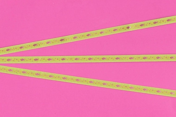 ANIMALS/Water A-01-F Jacquard Ribbon Poly Trim 1/4" wide (6mm) VINTAGE & RARE Lime Green Background w/Petite Pink Fish and Dot Accents