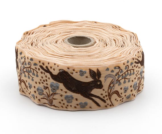 KAFKA H-27/08 Jacquard Ribbon Organic Cotton Trim 1+1/2" wide (38mm) Honey Yellow w/Brown Jackrabbits