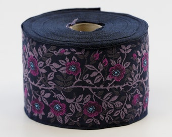 KAFKA L-01/19 Jacquard Ribbon Woven Organic Cotton Trim 2-3/8" wide (60mm) Navy w/Purple & Blue Wild Roses, Lilac/Brown Leaves