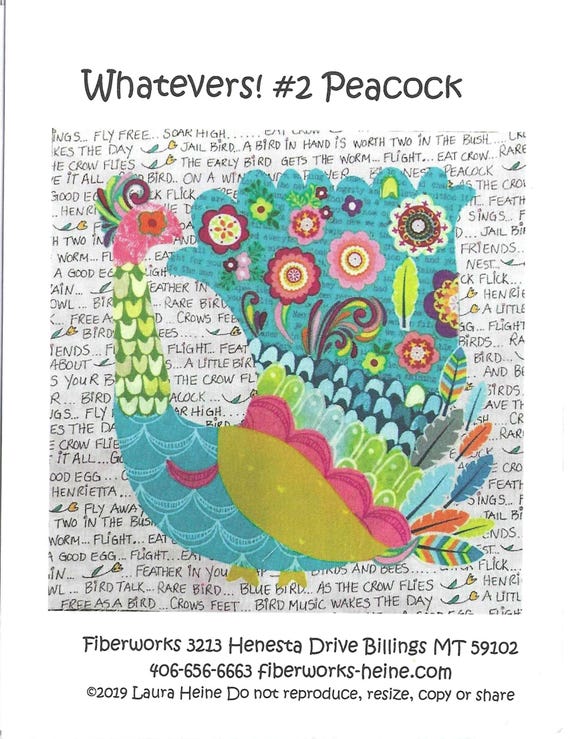 WHATEVERS! #2 Peacock Collage Pattern by Laura Heine of Fiberworks, Inc. (8" Block) NEW, Pattern only