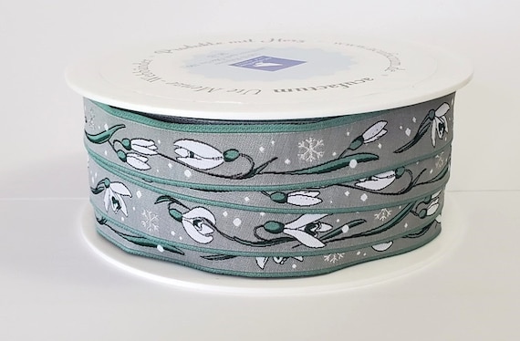 SOPHIA DRESCHER Floral Jacquard Ribbon Woven Trim 5/8" wide (16mm) From Germany, Gray Background w/Snowdrops & Silver Metallic Snowflakes