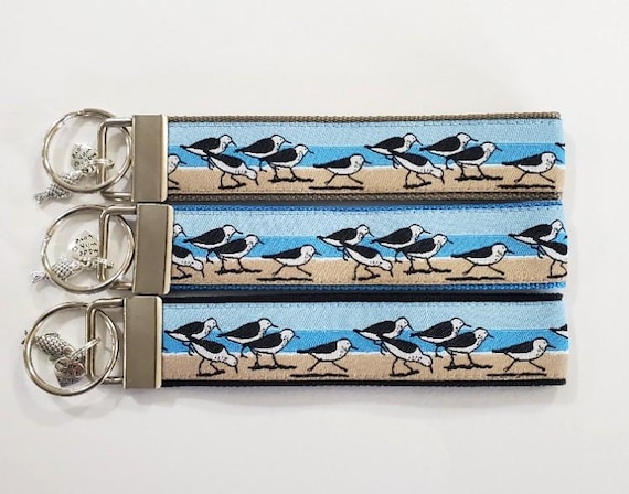 BIRDS Jacquard Ribbon/Nylon Web 1" wide (25mm) Key Fobs, Sandpipers/Seagulls w/Charms, Keychain, Wristlet, Luggage Tags 5.5" long