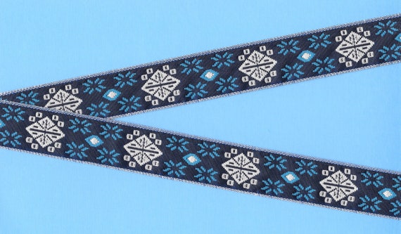 SNOWFLAKES F-05-A Jacquard Ribbon Woven Poly Trim 1" Wide (25mm) Navy w/Nordic European Style White "Snowflakes" w/Blue Accents, Per Yard