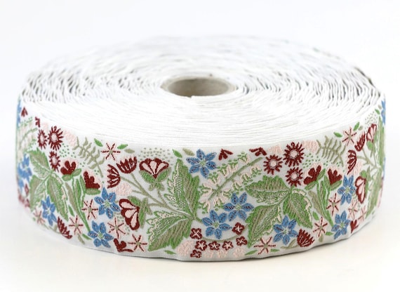 KAFKA H-16/01 Jacquard Ribbon Woven Organic Cotton Trim 1+9/16" wide (40mm) "FLOWER DREAMS" White Background w/Blue, Burgundy, Pink & Green