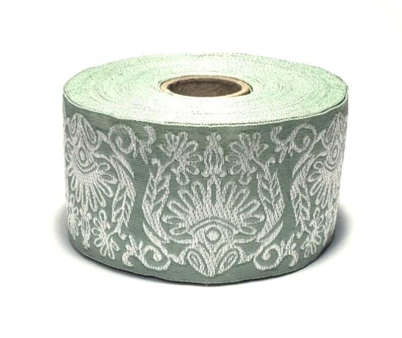 KAFKA H-20/06 Jacquard Ribbon Organic Cotton Trim 1+5/8" wide (41mm) "Lace" Pattern in White on Soft Green