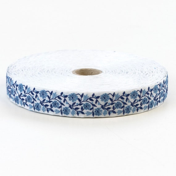 KAFKA D-03/02 Jacquard Ribbon Woven Organic Cotton Trim 3/4" wide (20mm) White w/Sky Blue Flowers & Navy Leaves