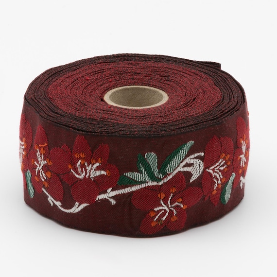 KAFKA H-06/2201 Jacquard Ribbon Woven Organic Cotton Trim 1-5/8" wide (40mm) Burgundy w/Red Cherry Blossoms, White Branches, Green Leaves