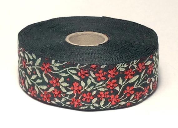 KAFKA F-01/27 Jacquard Ribbon Woven Organic Cotton Trim 1" wide (25mm) Christmas Green, Iridescent Metallic Red Forget-Me-Nots, Green Leaves