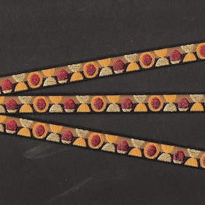 Cinta de jacquard con lunares B-21-B, ribete de poliéster de 13 mm de ancho (1/2"), poco común, fabricada en Francia, con lunares y círculos en negro, rojo, burdeos, dorado y beige