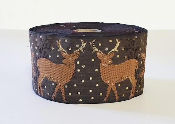KAFKA K-07/04 Jacquard Ribbon Woven Organic Cotton Trim 2" wide (50mm) Dk Brown w/Caramel Tone Reindeer & Snowflakes w/Metallic Gold Accents