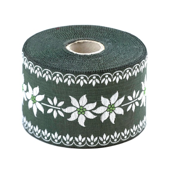 KAFKA K-08/06 Jacquard Ribbon Organic Cotton Trim 2" wide (50mm) Olive Green w/White Edelweiss Flowers