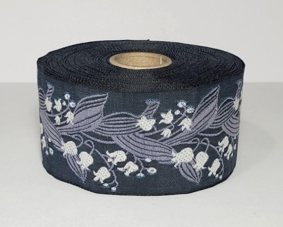 KAFKA H-02/18 Jacquard Ribbon Organic Cotton Trim 1-1/2" wide (38mm) Gray w/White Lilies of the Valley