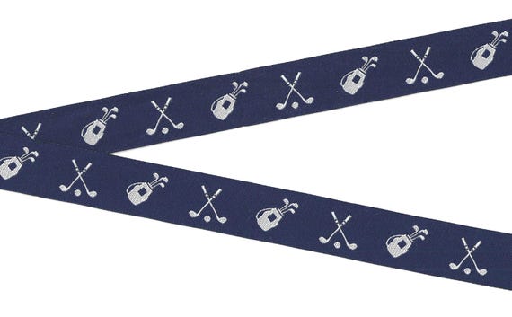 SPORTS/Golf E-01-G Jacquard Ribbon Poly Trim 7/8" wide (22mm) Navy Background w/White Golf Clubs & Golf Bags, PRECUT in 2yds+32" lengths