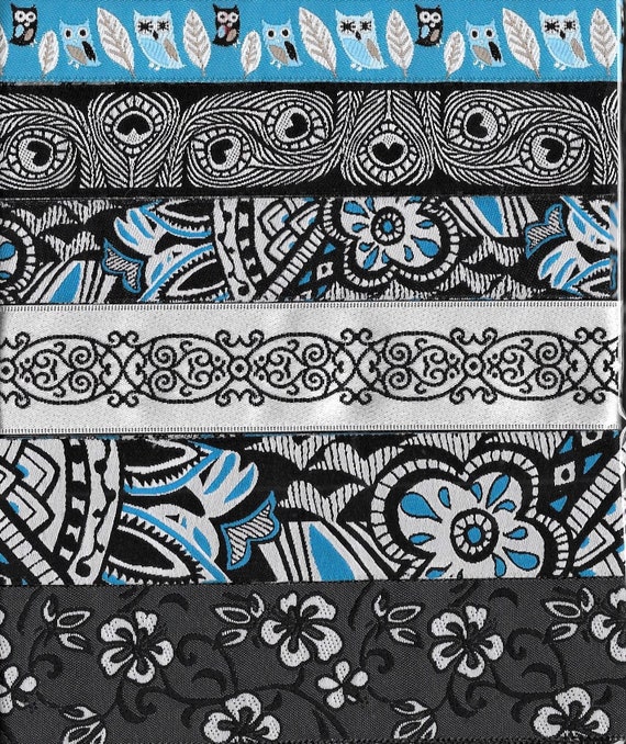 RIBBON PAK-86 Jacquard Ribbon Woven Polyester Trims 1yd length of 6 Designs in Black, Gray, Blue & White Floral, Birds and Geometric