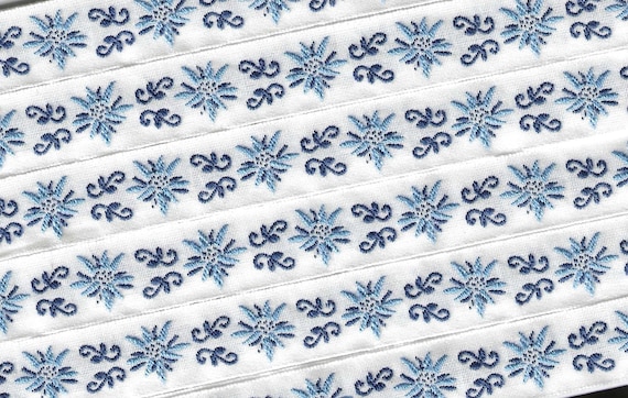 KAFKA C-03/07 Jacquard Ribbon Organic Cotton Trim 5/8" wide (16mm) White with Blue Edelweiss Flowers