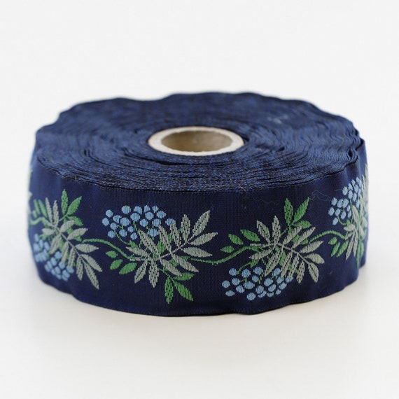 KAFKA G-05/08 Jacquard Ribbon Woven Organic Cotton Trim 1-1/4" wide (32mm) Navy Background w/Sky Blue Berries, Sage Green Leaves