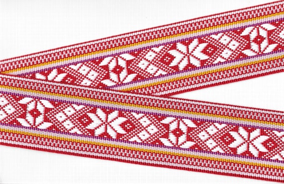 SNOWFLAKES L-07-A Jacquard Ribbon 50/50 Poly/Cotton Trim, 2" Wide (50mm) White Snowflakes on Red w/Multi-Colored Stripes, Per Yard