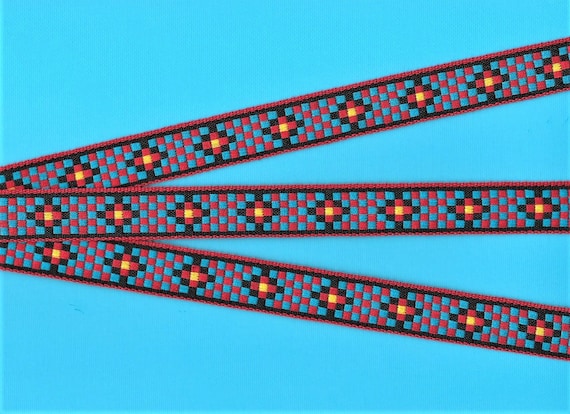 GEOMETRIC C-30-B Jacquard Ribbon Cotton Trim, 5/8" Wide (16mm) Black w/Red Borders, Red/Turquoise Checkerboard Yellow Accents