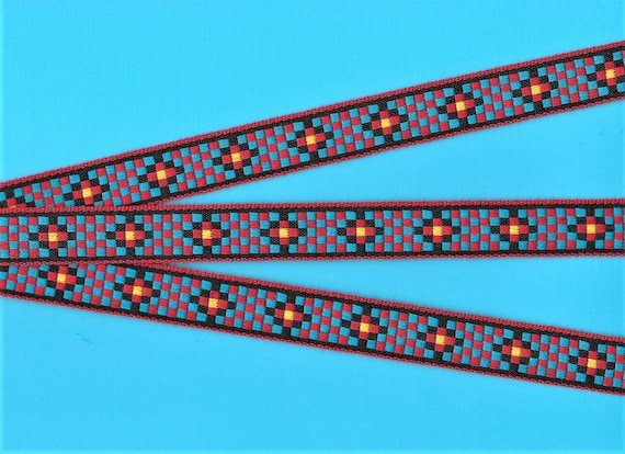 GEOMETRIC C-30-B Jacquard Ribbon Cotton Trim, 5/8" Wide (16mm) Black w/Red Borders, Red/Turquoise Checkerboard Yellow Accents, Per Yard