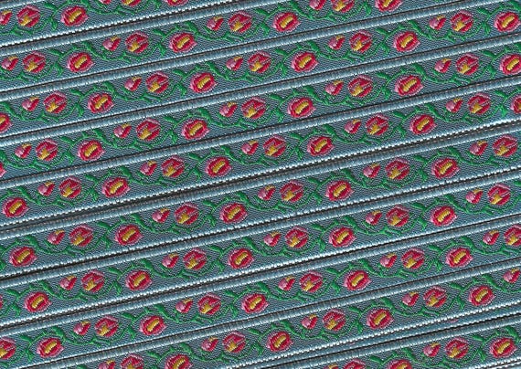 FLORAL B-43-F Jacquard Ribbon Poly Trim 1/2" wide (13mm) Teal Background/Blue Borders w/Orange, Pink & Yellow Flowers, Green Vines/Leaves