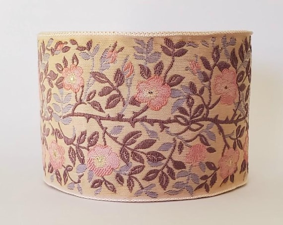 KAFKA L-01/76 Jacquard Ribbon Woven Organic Cotton Trim 2-3/8" wide (60mm) Peach w/Apricot & Metallic Gold Dog Roses, Brown Leaves