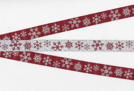 SNOWFLAKES C-06-A Jacquard Ribbon Polyester Trim 5/8" wide (16mm) REVERSIBLE Burgundy Background Metallic Silver Snowflakes