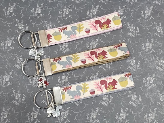 Jacquard Ribbon/Nylon Web 1" wide (25mm) Key Fobs Spring Squirrels on Ivory w/Charms, Wristlet, Luggage Tags 5.5" long