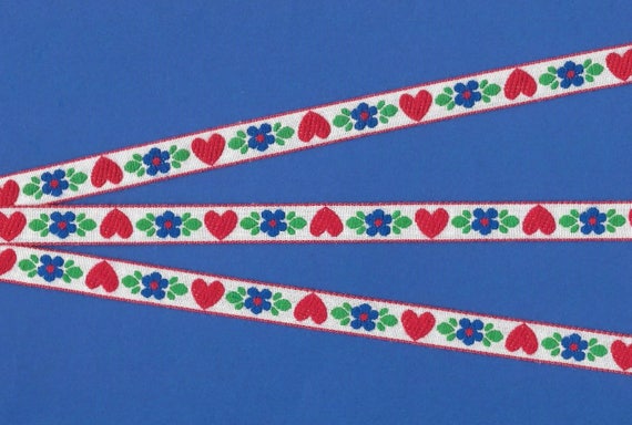 HEARTS/FLOWERS B-17-A Jacquard Ribbon Poly/Rayon Blend Trim 1/2" wide White Background w/Red Hearts, Blue Flowers, Green Leaves