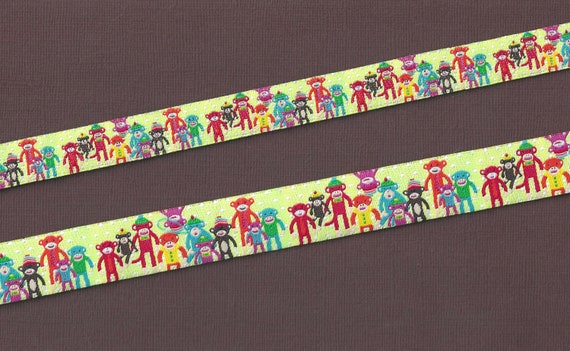 RDS 01-A Jacquard Ribbon Poly Trim "Sock Monkey Party!" Lt Green w/Multi-Colored Monkeys 5/8" (16mm) or 7/8" (22mm) Width/Length Options