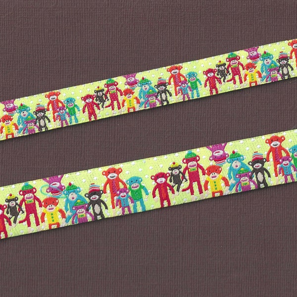 RDS 01-A Jacquard Ribbon Poly Trim "Sock Monkey Party!" Lt Green w/Multi-Colored Monkeys 5/8" (16mm) or 7/8" (22mm) Width/Length Options