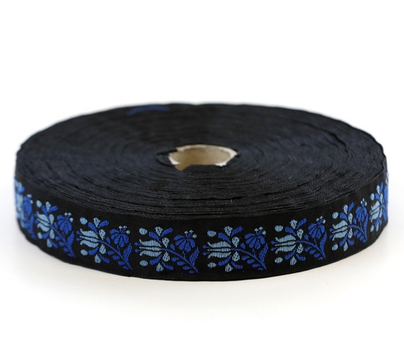 KAFKA D-04/02 Jacquard Ribbon Woven Organic Cotton Trim 3/4" wide (20mm) Black Background w/Sky Blue Royal Blue "Frida" Flowers