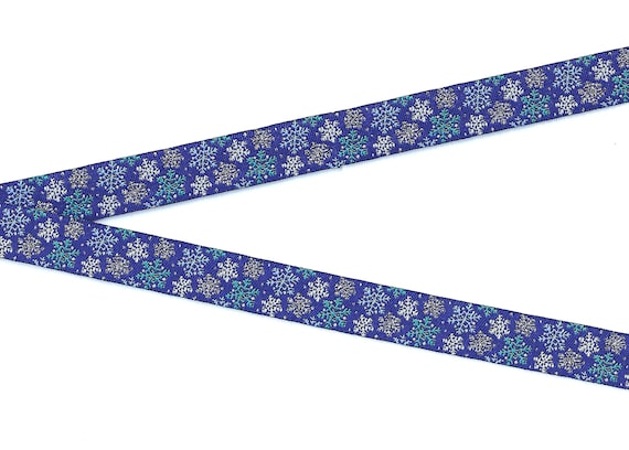 SNOWFLAKES C-05-A Jacquard Ribbon Polyester Trim 5/8" wide (16mm) Royal Blue Background w/Teal, White, Blue & Metallic Silver Snowflakes